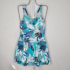 D&Co Beach Swim Dress Skirted Size 12 Swimsuit Blue Green Tropical Leaf Print